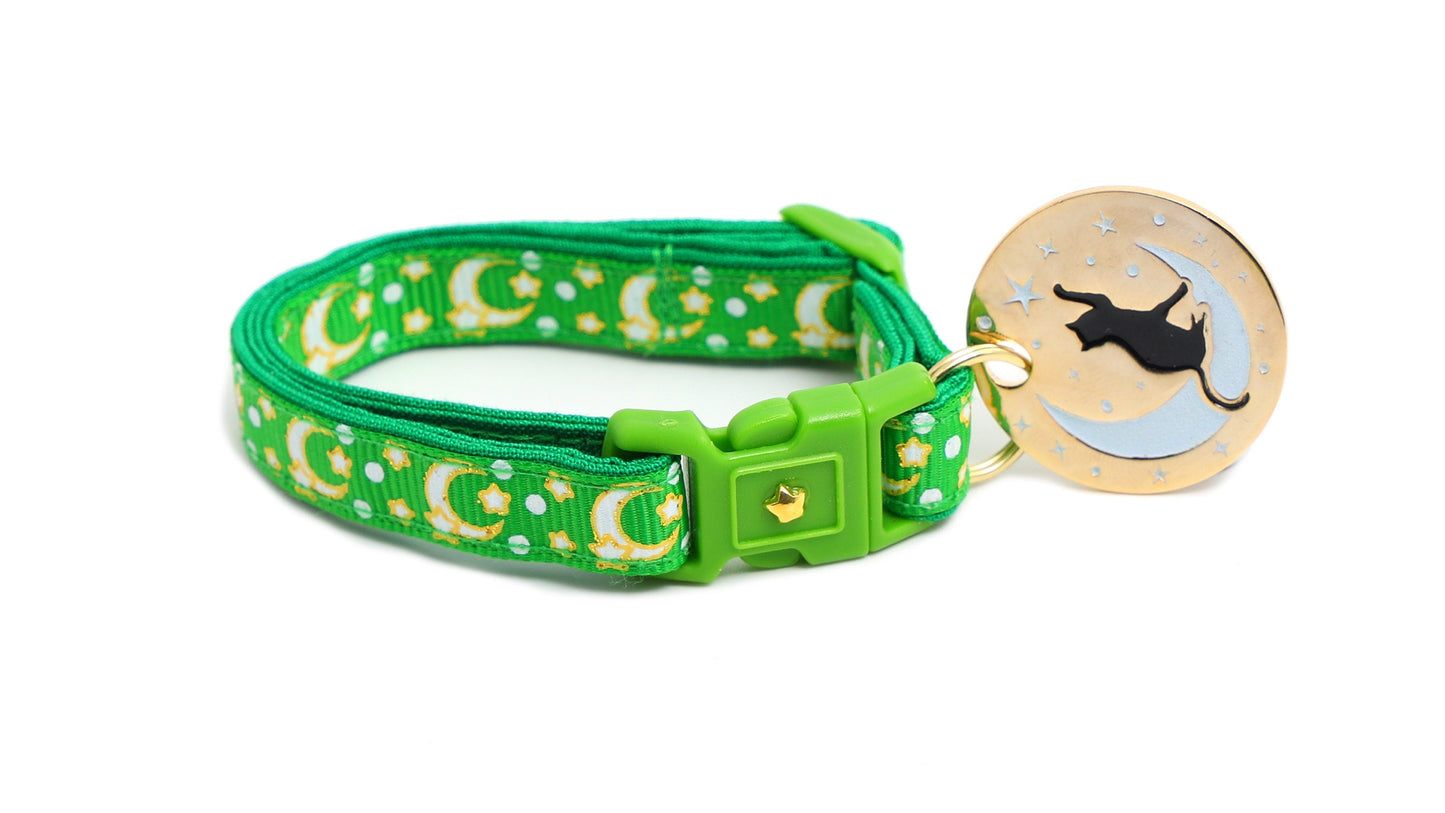 Gold Moons and Stars on Kelly Green Cat Collar